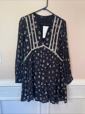 Zara Black Floral baby doll Dress NWT